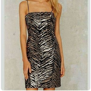 MOTEL ROCKS Black Velvet Gold Sequin Tiger Mini Dress